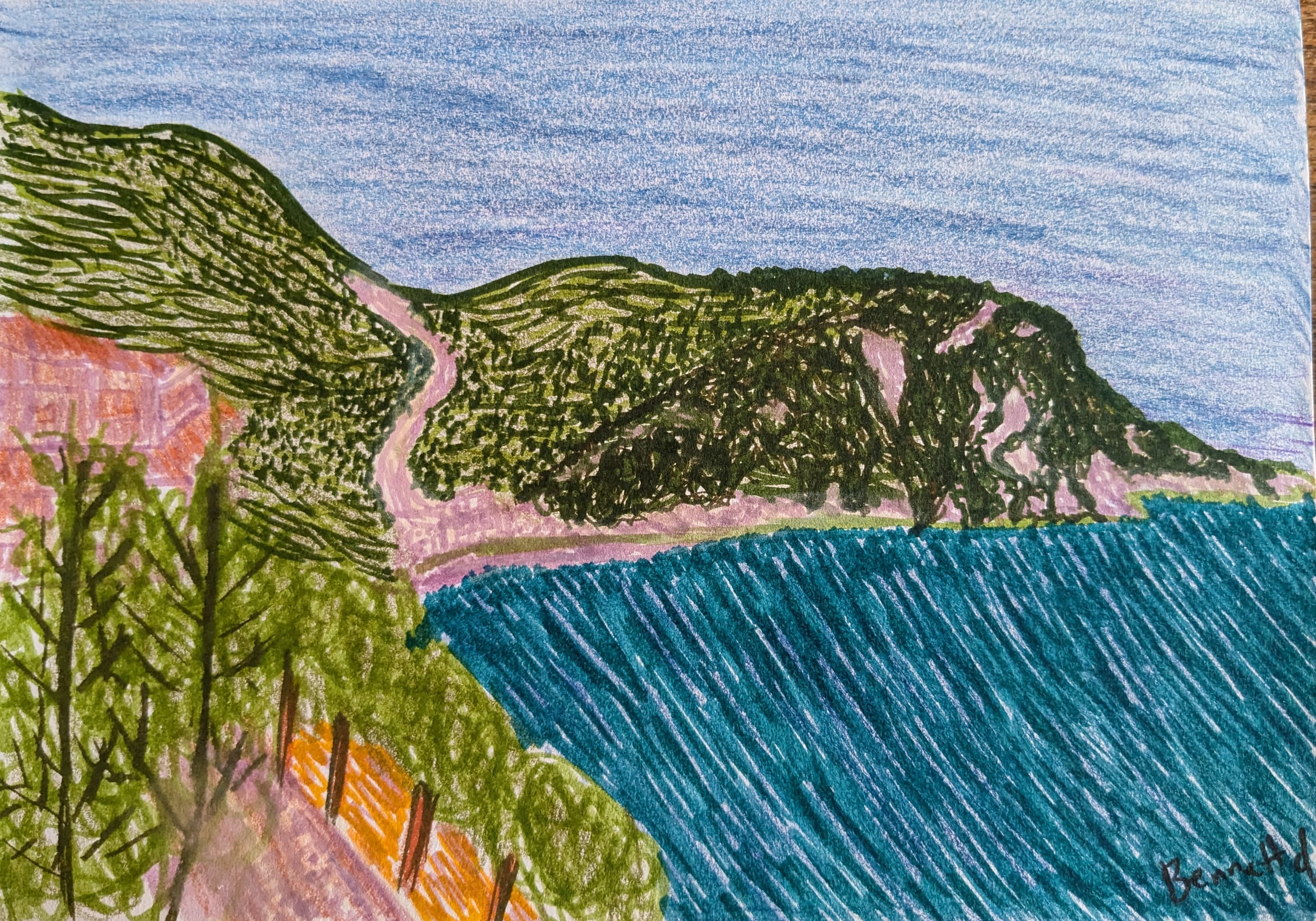 pastel and pen on paper, sketch of the Himarë coastline