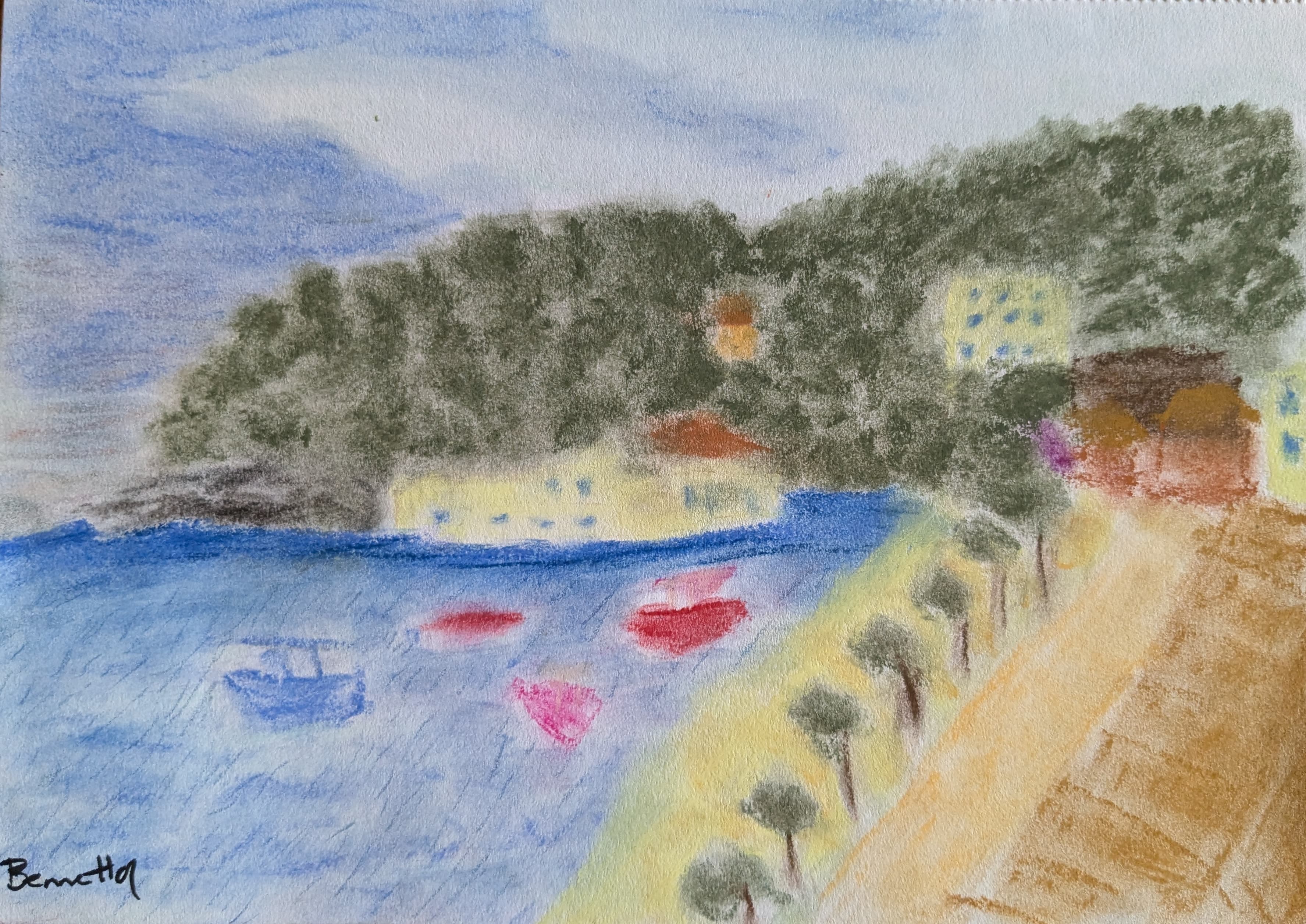 pastel on paper, sketch of the Himarë coastline