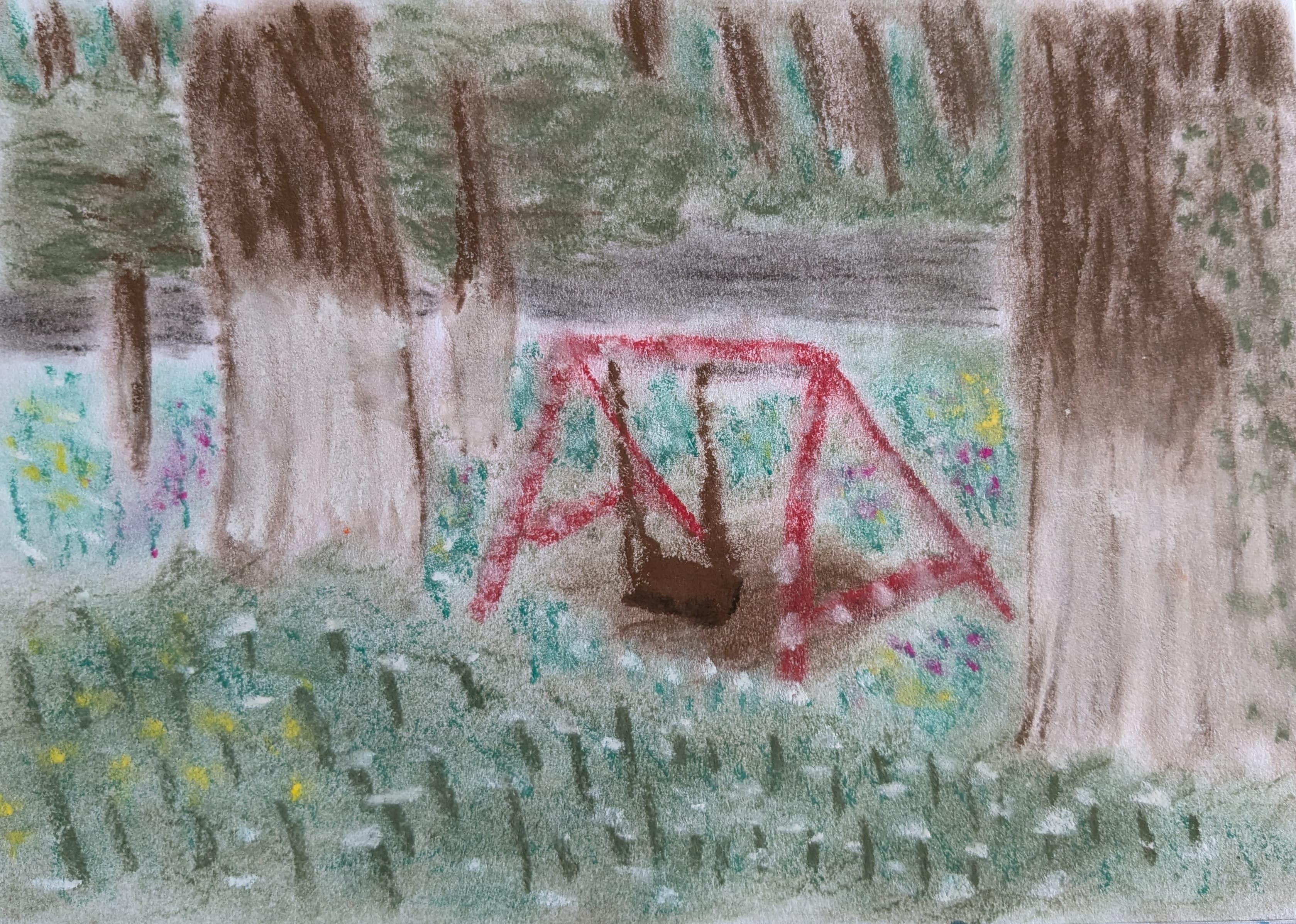 pastel on paper, sketch of a mountain landscape featuring a swingset, trees and wildflowers