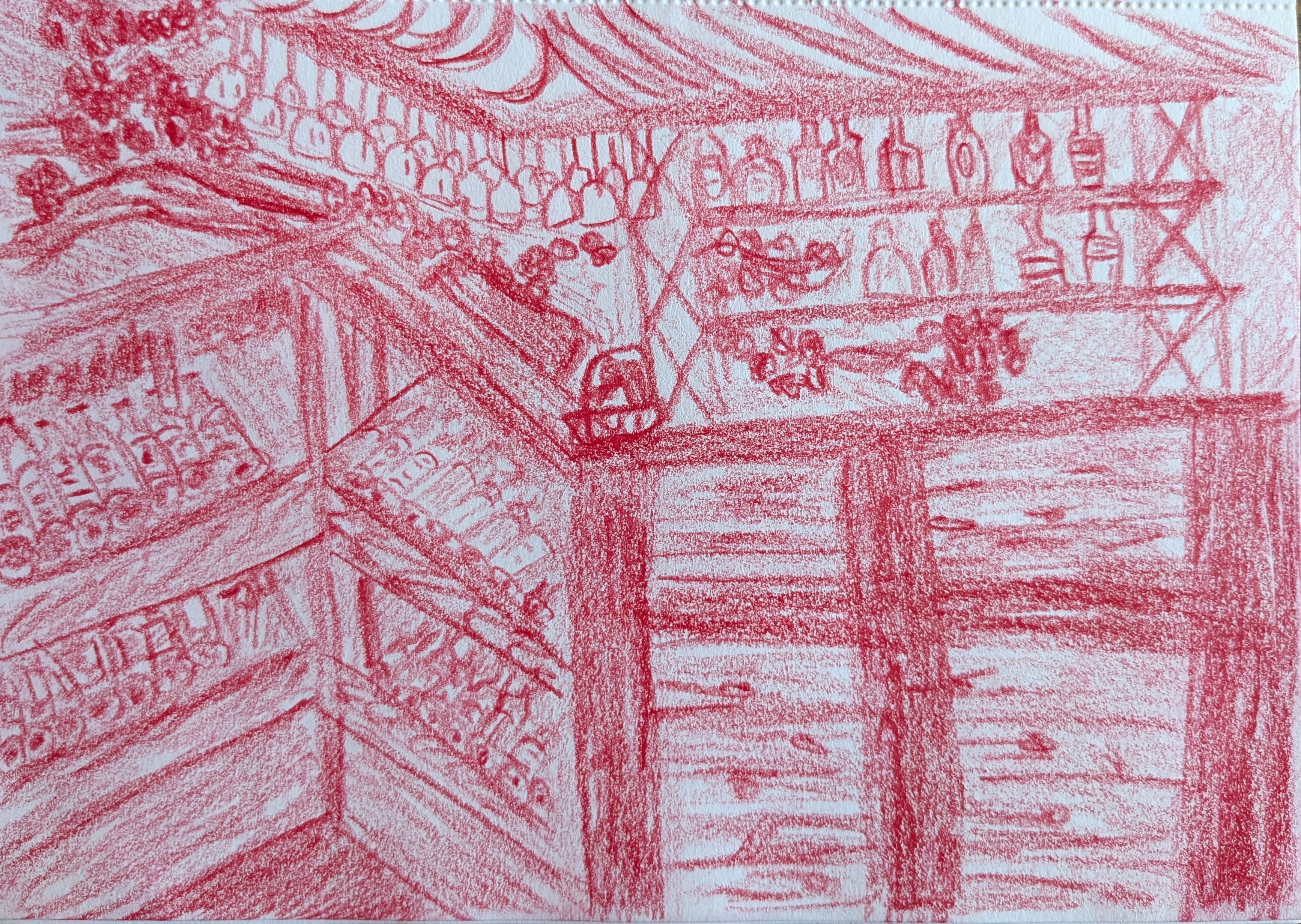 red colored pencil, monochrome sketch of a bar